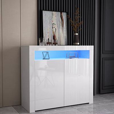 White Modern Entryway Console Cabinet With Blue LED Light Strip And Glass Doors Design 3d model