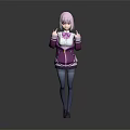 3D Animated Game Character With Pink Hair Purple And White Jacket Blue Pants Standing Pose