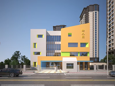 Colorful Kindergarten School Building With Orange White Green Exterior Glass Windows And Trees Near Street 3d model
