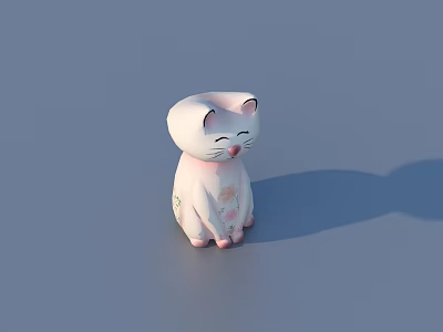 Cute White Cat Shaped Daily Life Decoration With Closed Eyes And Pink Floral Patterns 3d model