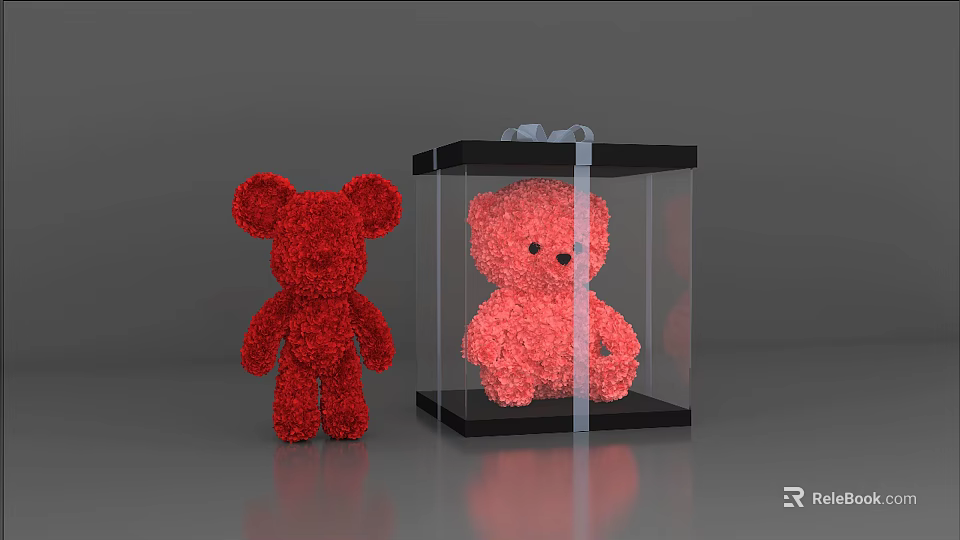 Red and Pink Rose Petal Teddy Bears in Transparent Black Gift Box with Ribbon 3d model 