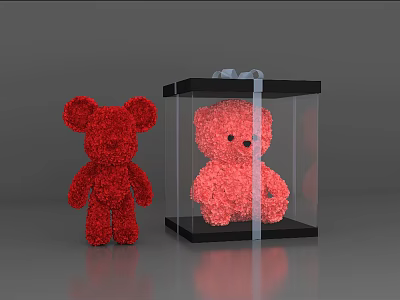 Red and Pink Rose Petal Teddy Bears in Transparent Black Gift Box with Ribbon 3d model