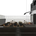 Outdoor Restaurant Courtyard With Green Trees White Building Canopy And Garden Seating