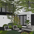 Serene Courtyard Garden With Outdoor Furniture Comfortable Seating Green Trees And Colorful Flowers