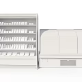 White Open Display Shelves With Multi Layer Refrigerated Showcase And Wooden Glass Doors
