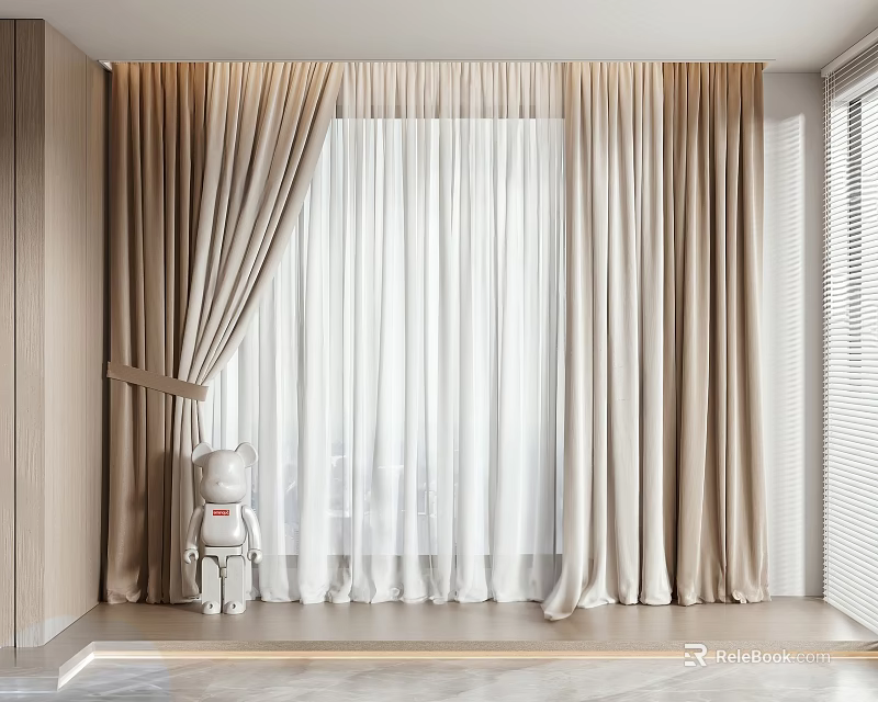 Beige And White Curtains With Sheer Layer In Modern Room Interior Design 3d model 
