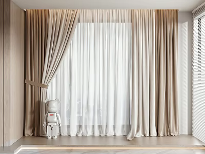 Beige And White Curtains With Sheer Layer In Modern Room Interior Design 3d model