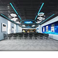 Modern Office Interior With Desks Chairs Computers Wall Screens And Geometric Ceiling Design