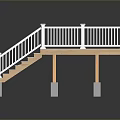 Outdoor Wooden Deck Structure With White Railings Staircase And Concrete Support Posts