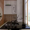 Minimalist Hotel Room With Bed Wooden Ceiling Floor Circular Decorative Painting TV And Screen Partition