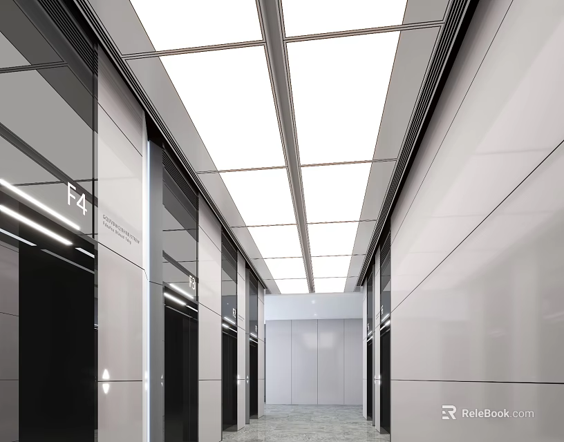 Modern Elevator Hallway Interior With Gray Walls Ceiling Lights And Elevator Doors 3d model