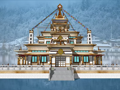Traditional Garden Ornament Featuring Golden Roof Prayer Flags And Stone Steps By Water 3d model