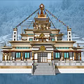 Traditional Garden Ornament Featuring Golden Roof Prayer Flags And Stone Steps By Water