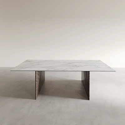Modern Minimalist Dining Table with Marble Top Dark Support Legs Light Wall and Gray Floor 3d model