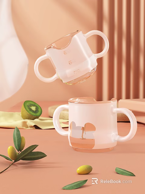 Pastel Colored Baby Drinking Cups Near Kiwi Olive And Cloth 3d model 
