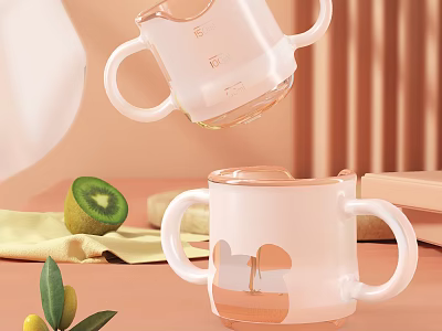 Pastel Colored Baby Drinking Cups Near Kiwi Olive And Cloth 3d model