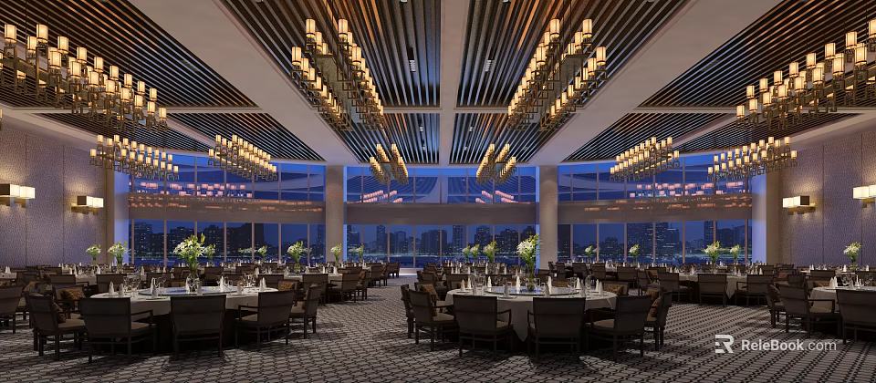 Elegant Banquet Hall With Chandeliers Wooden Ceiling Dining Tables Chairs And City View 3d model 