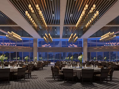 Elegant Banquet Hall With Chandeliers Wooden Ceiling Dining Tables Chairs And City View 3d model