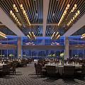 Elegant Banquet Hall With Chandeliers Wooden Ceiling Dining Tables Chairs And City View