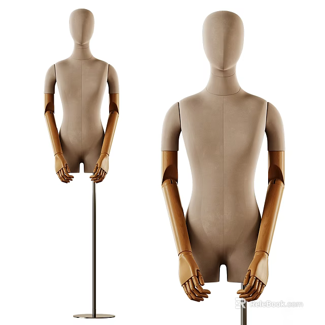 Two Beige Fabric Mannequins With Brown Arms Standing Front And Side View Metal Stand 3d model 