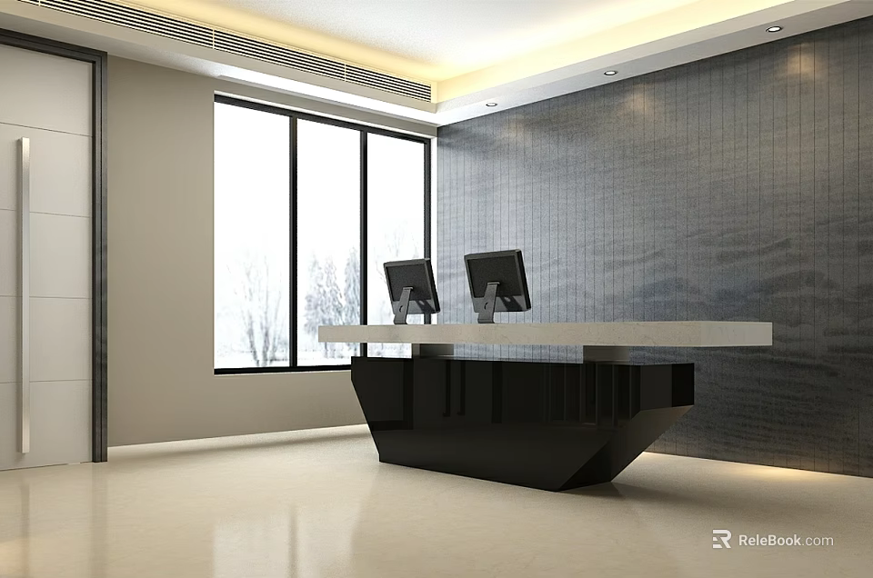 Modern Office Front Desk Reception With Computers And Large Windows 3d model 