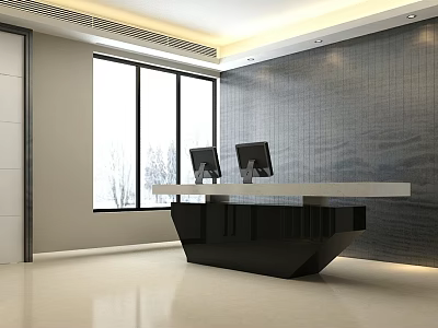Modern Office Front Desk Reception With Computers And Large Windows 3d model