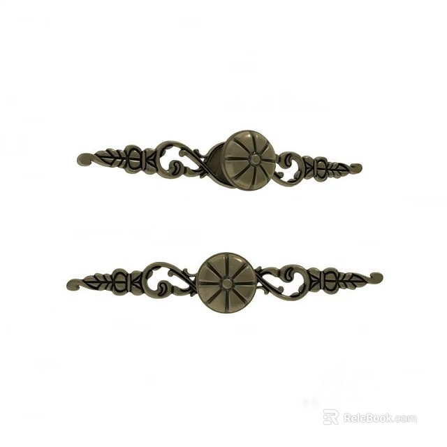 Vintage Metal Furniture Handles With Decorative Floral Patterns And Circular Center 3d model 
