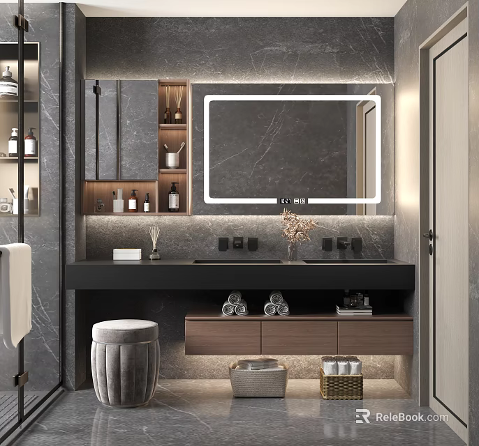 Modern Bathroom Interior Design With Marble Wall Backlit Mirror Floating Vanity And Storage 3d model 