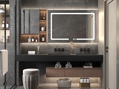 Modern Bathroom Interior Design With Marble Wall Backlit Mirror Floating Vanity And Storage 3d model