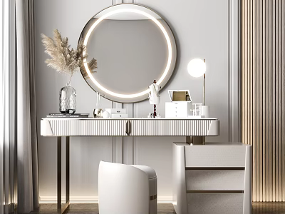 Modern Minimalist White Vanity Table With Round Lighted Mirror Pampas Grass Drawers And Stool 3d model