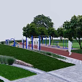 Scenic Park Landscape With Green Lawn People Playing Trees And Sports Facilities
