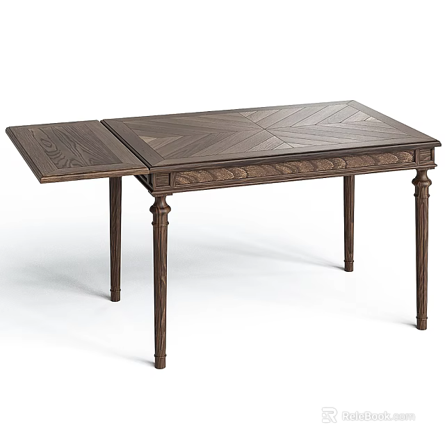 Brown Wooden Extendable Dining Table With Herringbone Tabletop And Carved Legs 3d model 