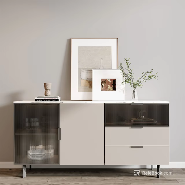 Modern Decorative Cabinet With Glass Doors Photo Frame Green Plant And Wall Art 3d model 