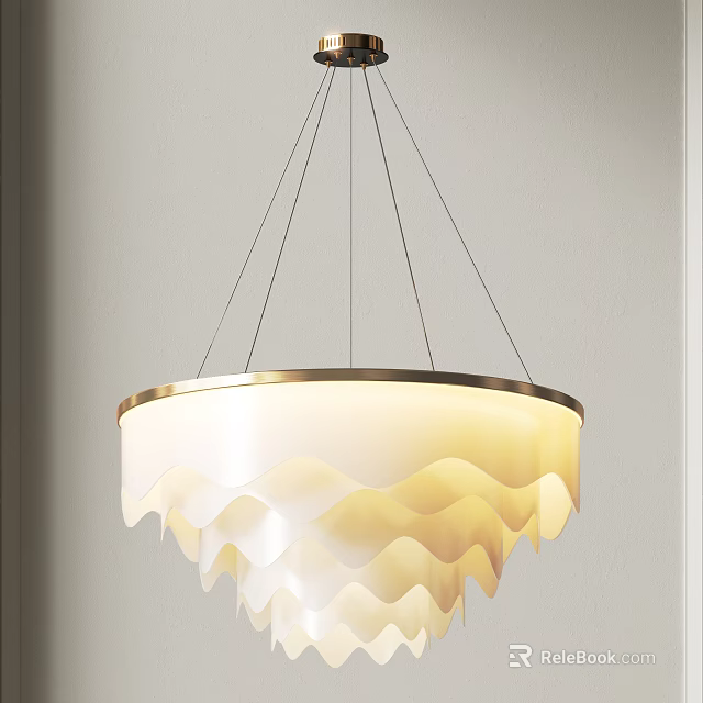 Modern Wavy Design Chandelier Hanging With White Shade Gold Frame And Soft Glowing Light 3d model 