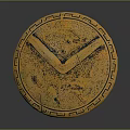 Vintage Golden Circular Jewelry Piece With V Shaped Pattern And Ornate Border On Reflective Surface