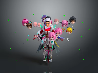 Central Fantasy Character Surrounded By Multiple Creature Heads With Colorful Hair And Green Glowing Dots 3d model
