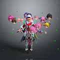 Central Fantasy Character Surrounded By Multiple Creature Heads With Colorful Hair And Green Glowing Dots