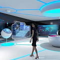 Modern Tech Exhibition Hall Interior With Blue Illuminated Circular Podiums And People Interacting