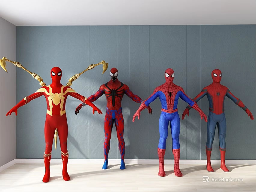 Multiple SpiderMan Characters In Different Colored Costumes Standing In Room With Gray Wall 3d model