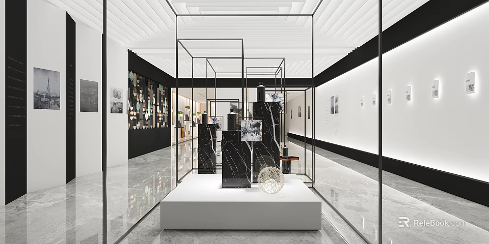 Contemporary Exhibition Hall Interior Featuring Glass Frame Structures Display Platform And Art Exhibits 3d model 