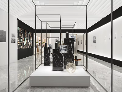 Contemporary Exhibition Hall Interior Featuring Glass Frame Structures Display Platform And Art Exhibits 3d model