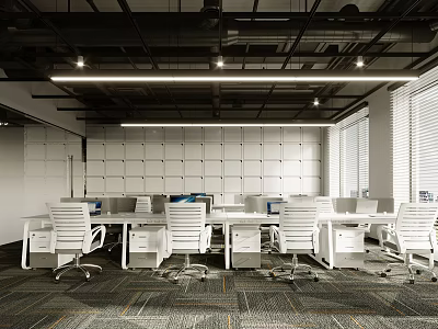 Modern Office With Open Workspace White Desks Chairs Grid Wall Pendant Lights Windows And Carpet 3d model