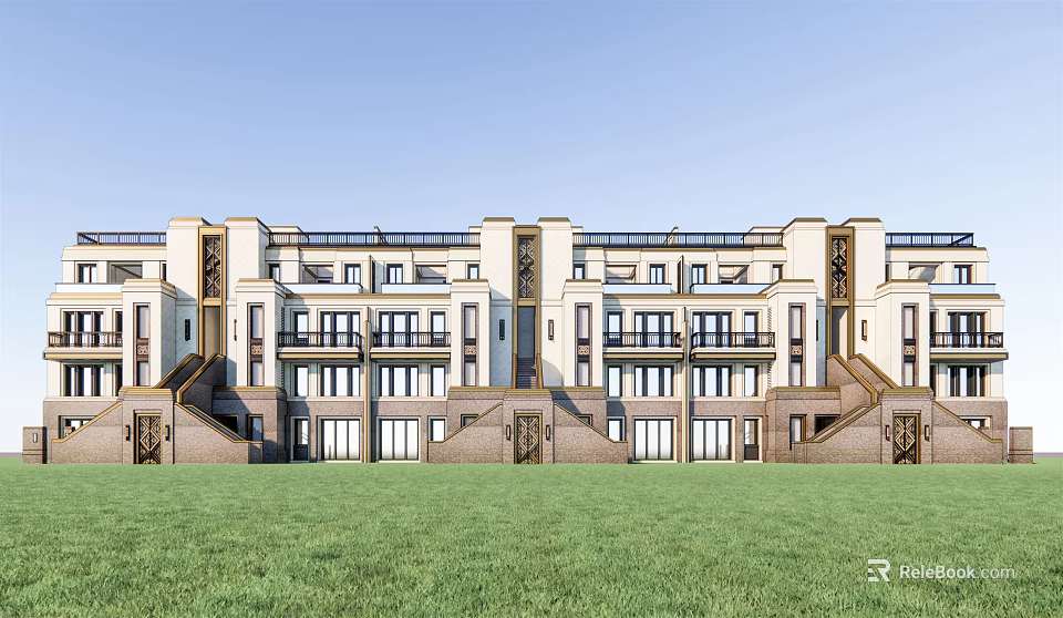 Modern Townhouse Exterior Architecture With Balconies Windows And Green Lawn Front 3d model 