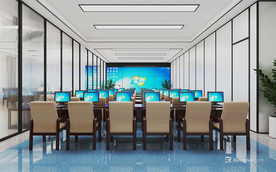 Modern Monitoring Room With Multiple Computer Monitors Surveillance Displays And Neatly Arranged Chairs 3d model 