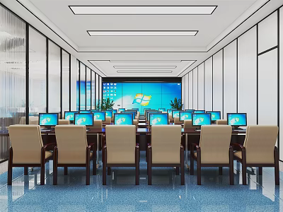 Modern Monitoring Room With Multiple Computer Monitors Surveillance Displays And Neatly Arranged Chairs 3d model
