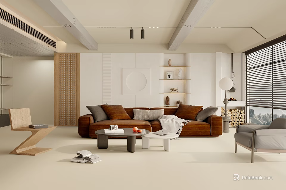 Modern Minimalist Living Room Interior With Brown Sofa White Walls Wooden Shelves And Floor Lamp 3d model 
