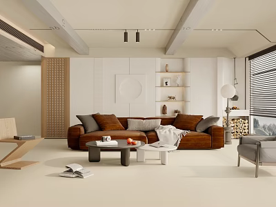 Modern Minimalist Living Room Interior With Brown Sofa White Walls Wooden Shelves And Floor Lamp 3d model