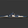 3D Rendered Blue and White Warship Featuring Turret and Reflection on Gray Background