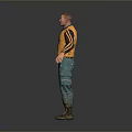Man with Yellow Vest Dark Long Sleeves Green Pants Brown Boots Standing in Gray Background