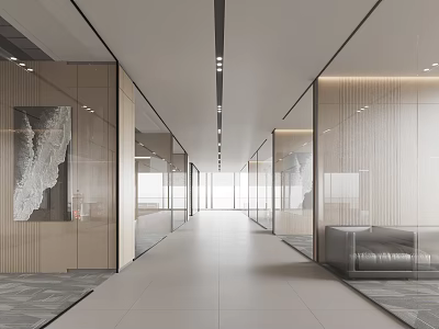 Modern Office Interior Corridor With Glass Partitions Sofa And Decorative Painting 3d model